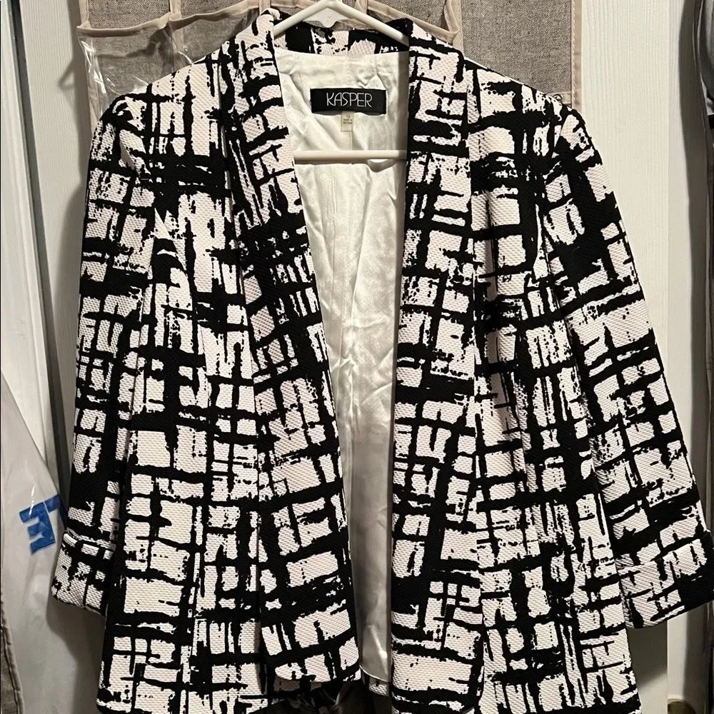 Kasper Monochrome Grid Pattern Blazer - Black & White Geometric - Size 10 - Picture 2 of 6